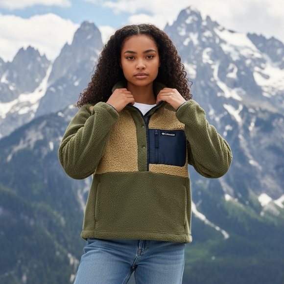 COLUMBIA Lodge Sherpa Relaxed Fit Stone Green Beach Sweatshirt Pullover Top - Picture 14 of 15